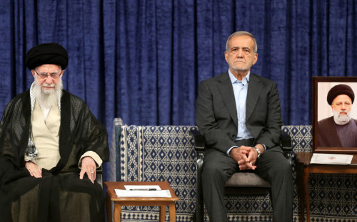 Iran's Supreme Leader Ayatollah Ali Khamenei and Iran's new president, Masoud Pezeshkian, attend an endorsement ceremony in Tehran, Iran, July 28, 2024. Office of the Iranian Supreme Leader/WANA (West Asia News Agency)/Handout via REUTERS ATTENTION EDITORS - THIS PICTURE WAS PROVIDED BY A THIRD PARTY.