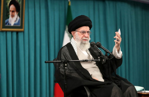 FILE PHOTO: Iran's Supreme Leader Ayatollah Ali Khamenei speaks during a meeting with commanders and a group of members of the Islamic Revolutionary Guard Corps in Tehran, Iran August 17, 2023. Office of the Iranian Supreme Leader/WANA (West Asia News Agency) via REUTERS/File Photo